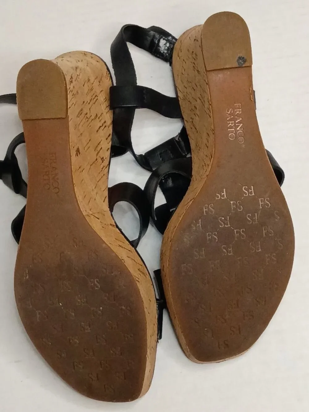 Franco Sarto Cera Black Leather Strappy Cork Wedge Sandals Size Women's 9.5 M